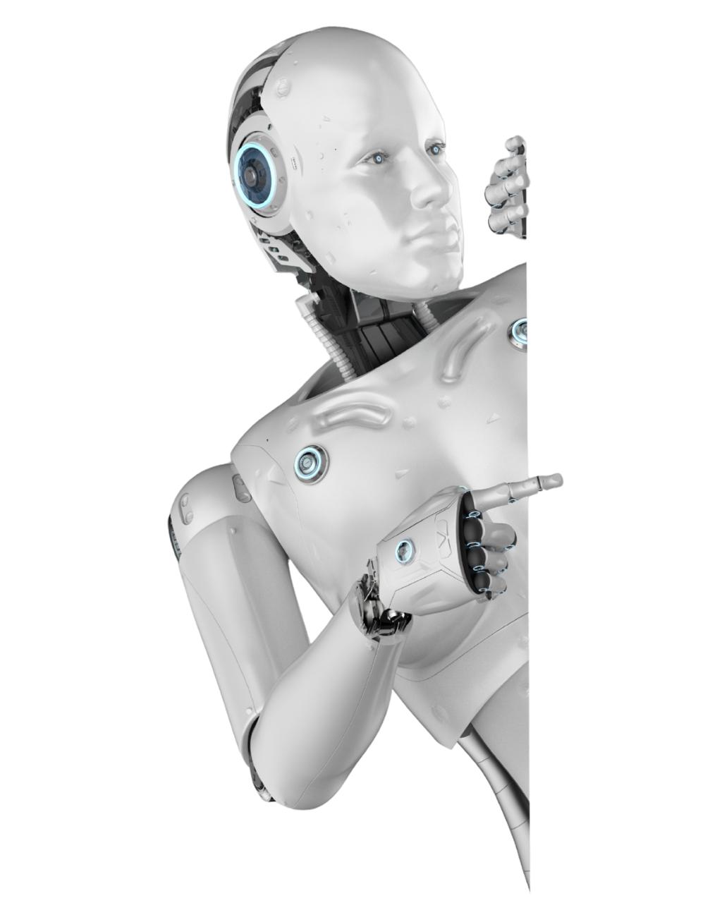 Humanoid robot peeking around the edge and pointing